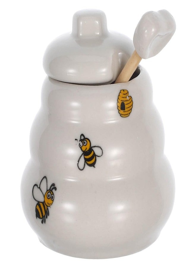 PRETYZOOM Ceramic Honey Pot with Lid and Wooden Dipper Bee Pattern Small Seasoning Jar for Wedding Favors Kitchen Spices Storage 2.95X2.24X2.24 Inches - Image 1