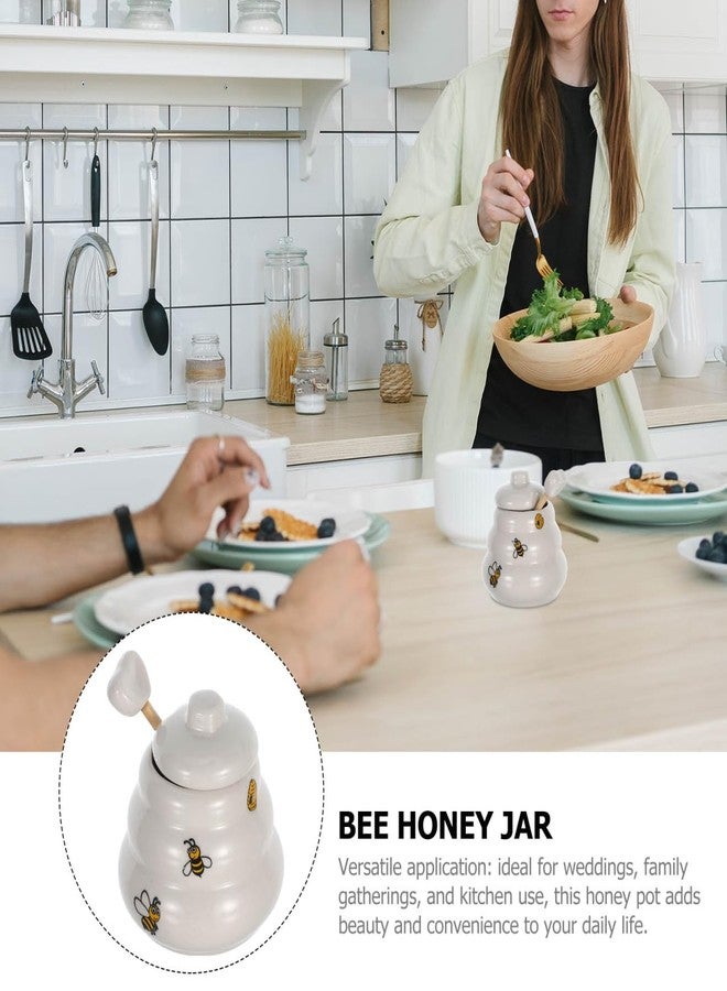 PRETYZOOM Ceramic Honey Pot with Lid and Wooden Dipper Bee Pattern Small Seasoning Jar for Wedding Favors Kitchen Spices Storage 2.95X2.24X2.24 Inches - Image 2