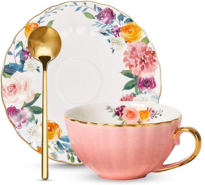TEA CUP AND SAUCER SET FOR 1 BONE CHINA ENGLISH TEA CUP WITH SPOON FLORAL TEACUP 8 OZ BRITISH COFFEE LATTE MUG FOR MOTHERS DAY GIFTS PINK