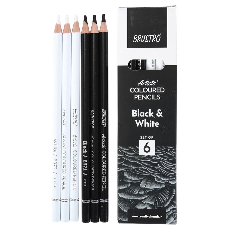BRUSTRO BRUSTRO Artists Coloured Pencils Black White Set of 6 3 Whites and 3 Blacks Ideal for Students and Adults Color Sketching Shading Drawing Blending Mandala Art School Office Use  - Image 1