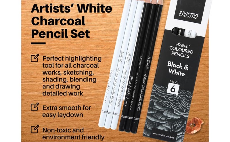 BRUSTRO BRUSTRO Artists Coloured Pencils Black White Set of 6 3 Whites and 3 Blacks Ideal for Students and Adults Color Sketching Shading Drawing Blending Mandala Art School Office Use  - Image 5