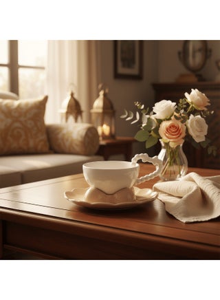 AKDC Elegant 250ml Ceramic Mug with Beige Saucer & Comfortable Grip Handle white