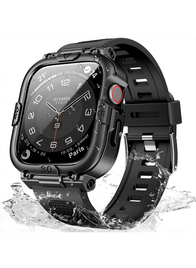 Mosonio Sport Rugged Case with Band for Apple Watch Band 41mm, Waterproof Band with Screen Protector, 360°Protective Cover and Tough Black Bumper for iwatch Series 8 7 Men (Black,41mm) - Image 1