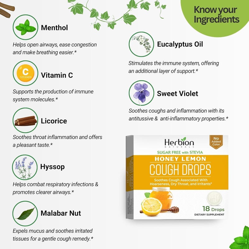 HERBION Naturals Cough Drops SugarFree with Stevia Dietary Supplement Soothes Cough for Adults  Children Over 6 Years 25 Drops Each 18 Count Pack of 1 Honey Lemon - Image 2