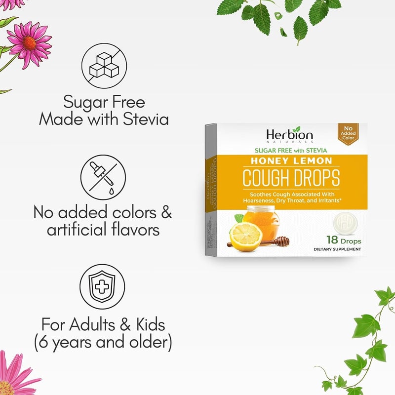 HERBION Naturals Cough Drops SugarFree with Stevia Dietary Supplement Soothes Cough for Adults  Children Over 6 Years 25 Drops Each 18 Count Pack of 1 Honey Lemon - Image 4