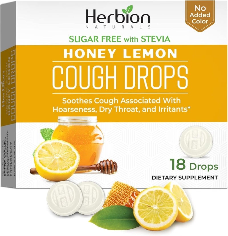 HERBION Naturals Cough Drops SugarFree with Stevia Dietary Supplement Soothes Cough for Adults  Children Over 6 Years 25 Drops Each 18 Count Pack of 1 Honey Lemon - Image 1