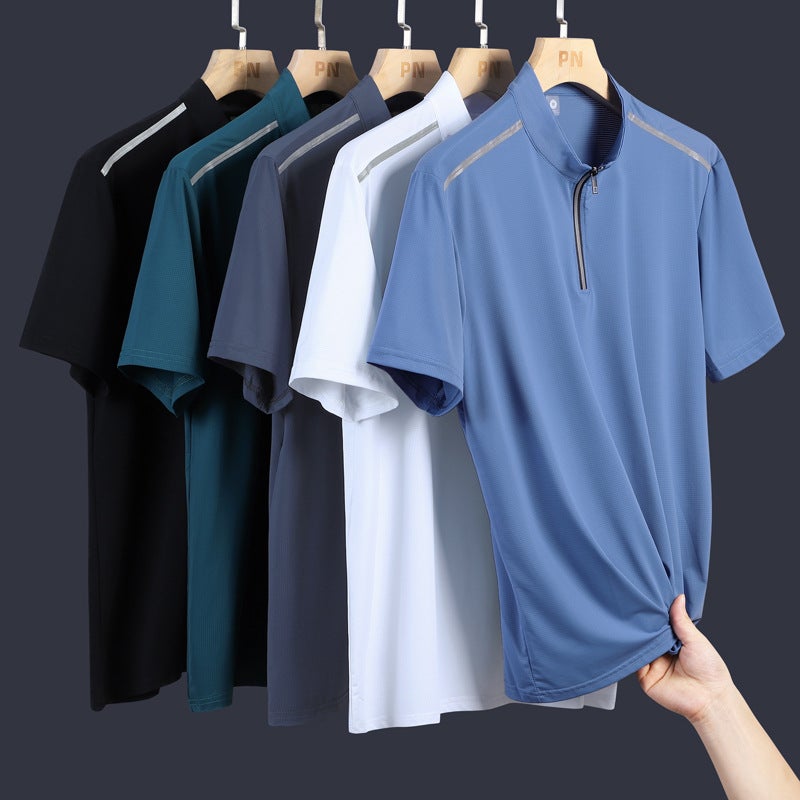 Golf Sports Casual Short-Sleeved T-Shirt Men'S Summer Ice Silk T Quick-Drying Vertical Collar Half-Sleeved T-Shirt Half-Cardigan Top - Image 2