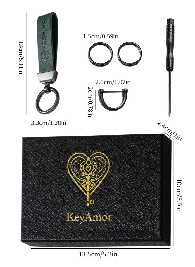 KeyAmor Luxurious Leather & Metal Keychain – green Edition with Nissan Logo Elegant green metal and leather keychain car key holder for adults. Stylish car keychain with 3 key rings, featuring the iconic Nissan logo, perfect as a fancy gift or car accessory. Designed in a sleek green colour for a refined and modern look, it offers 360-degree rotation for added convenience, is suitable for both men and women, and comes beautifully packaged in a fancy gift box.  - Image 5