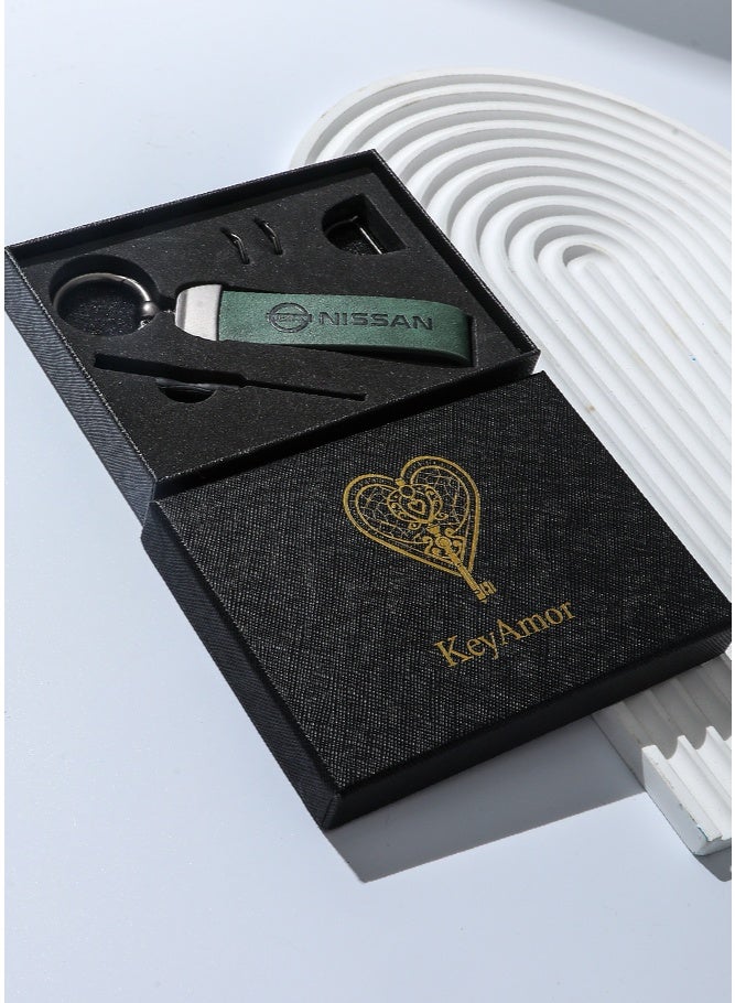 KeyAmor Luxurious Leather & Metal Keychain – green Edition with Nissan Logo Elegant green metal and leather keychain car key holder for adults. Stylish car keychain with 3 key rings, featuring the iconic Nissan logo, perfect as a fancy gift or car accessory. Designed in a sleek green colour for a refined and modern look, it offers 360-degree rotation for added convenience, is suitable for both men and women, and comes beautifully packaged in a fancy gift box.  - Image 3