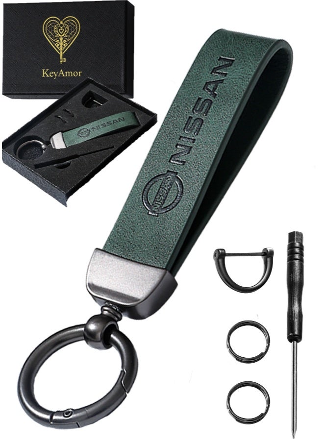 KeyAmor Luxurious Leather & Metal Keychain – green Edition with Nissan Logo Elegant green metal and leather keychain car key holder for adults. Stylish car keychain with 3 key rings, featuring the iconic Nissan logo, perfect as a fancy gift or car accessory. Designed in a sleek green colour for a refined and modern look, it offers 360-degree rotation for added convenience, is suitable for both men and women, and comes beautifully packaged in a fancy gift box.  - Image 1