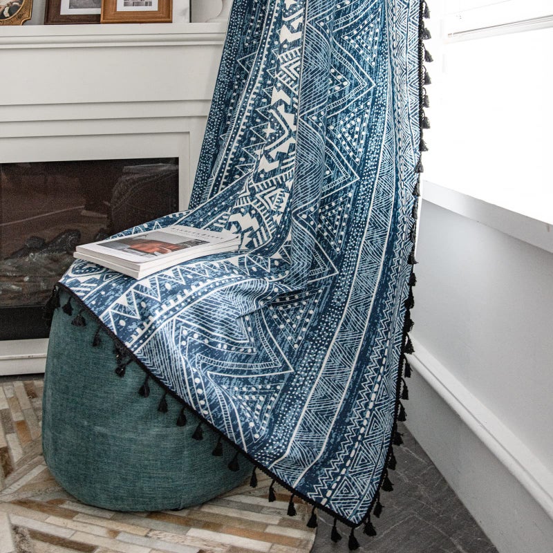 ColorBird Geometric SemiBlackout Window Curtains 2 Panels Tribal Cotton Linen Darkening Curtains with Black Bordered Tassel Rod Pocket Window Drapes for Living Room Bedroom 59 W x 63 L Blue