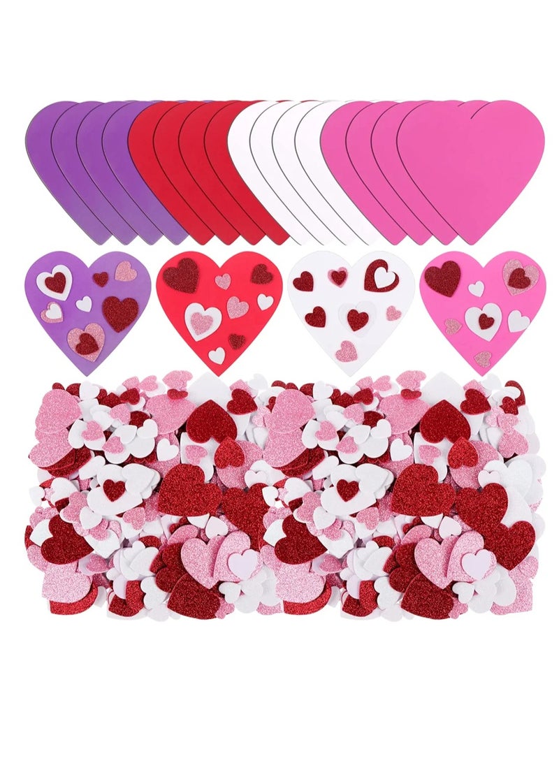 520Pcs Heart Shape Foam Crafts Including 20 Pcs Colorful Heart Foam Craft and 500 Pcs Glitter Heart Sticker Self Adhesive Heart Shape Glitter Foam Sticker EVA Foam Hearts for Valentine's Day DIY Craft - Image 1