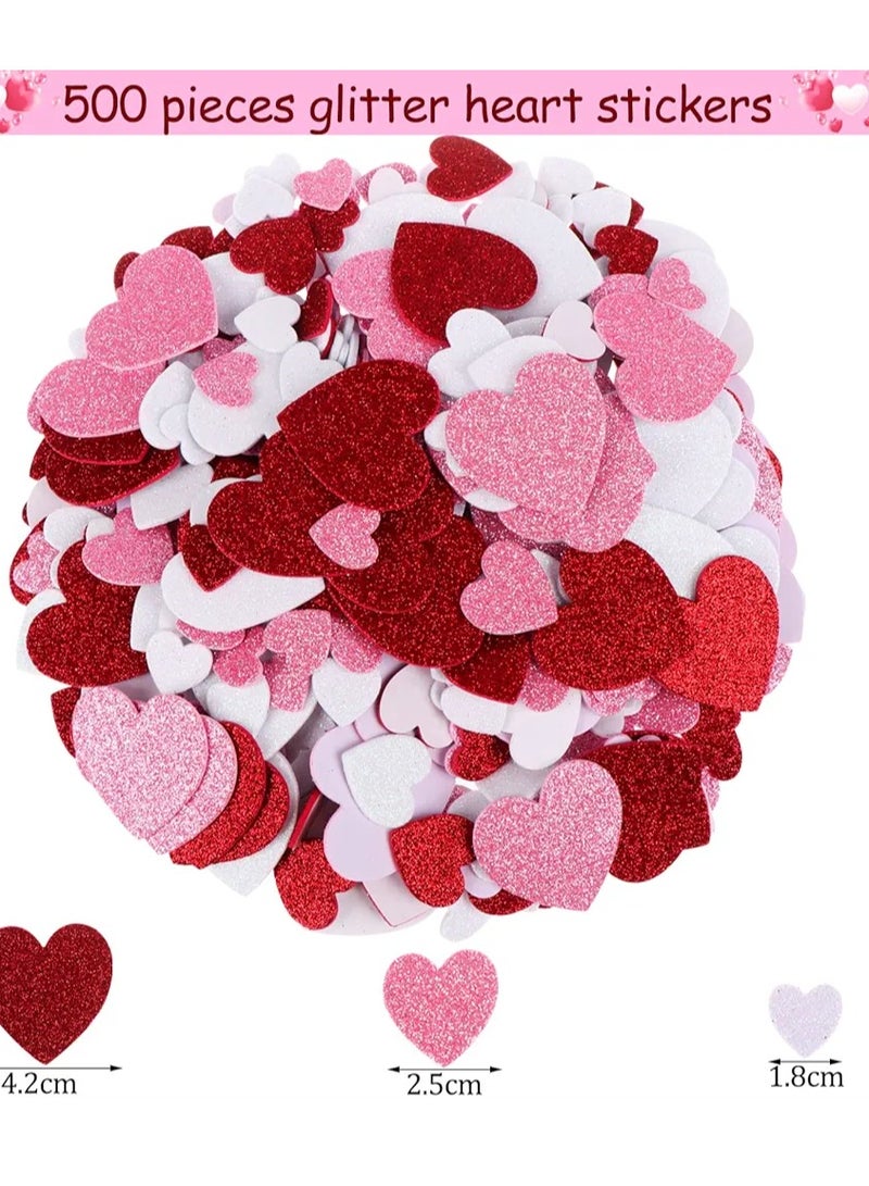 520Pcs Heart Shape Foam Crafts Including 20 Pcs Colorful Heart Foam Craft and 500 Pcs Glitter Heart Sticker Self Adhesive Heart Shape Glitter Foam Sticker EVA Foam Hearts for Valentine's Day DIY Craft - Image 2
