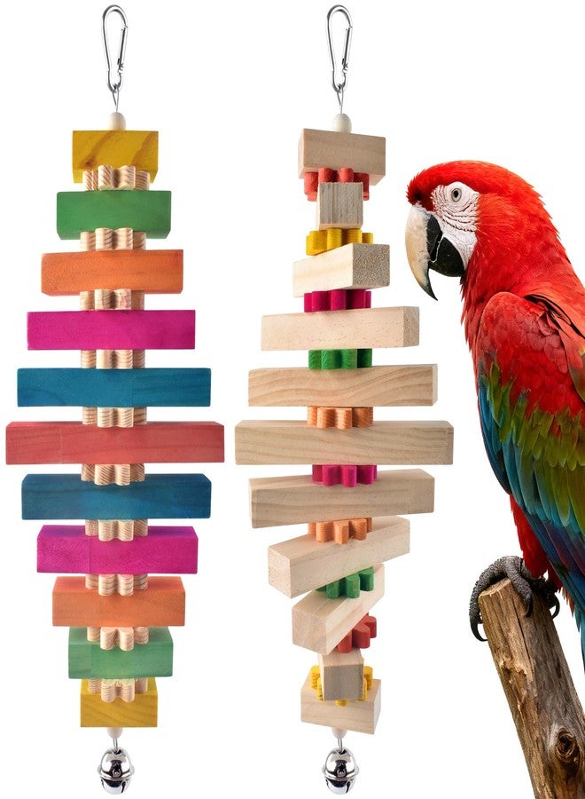 DBNESS Large Bird Toys for Parrot, 2 Pcs Colorful Natural Wood Block Chew Tearing Toy with Bell for Macaws, African Greys, Amazon Parrots, Eclectus, Cockatoo - Image 1