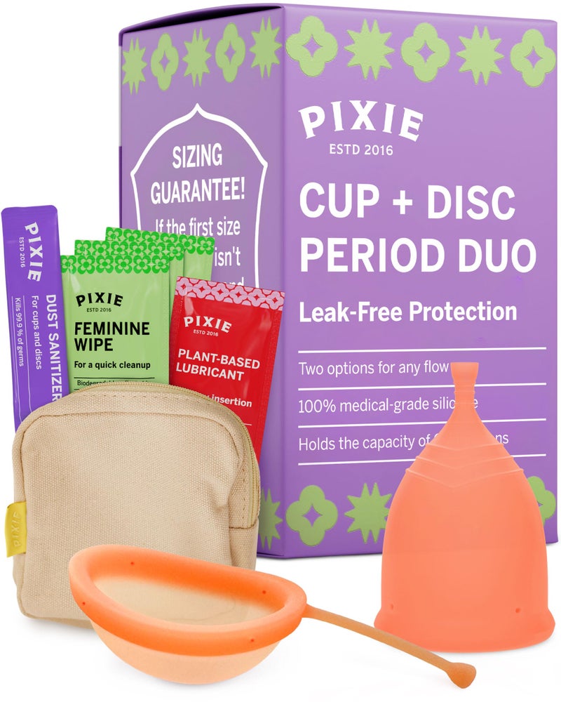 Pixie Cup Pixie Menstrual Cup & Disc Duo - Ranked 1 for Most Comfortable Reusable Period Cup & Disc - Buy One We Give One - Includes Ebook Guide  Flushable Wipes  Lube  Sanitizer & Storage Bag - Image 1