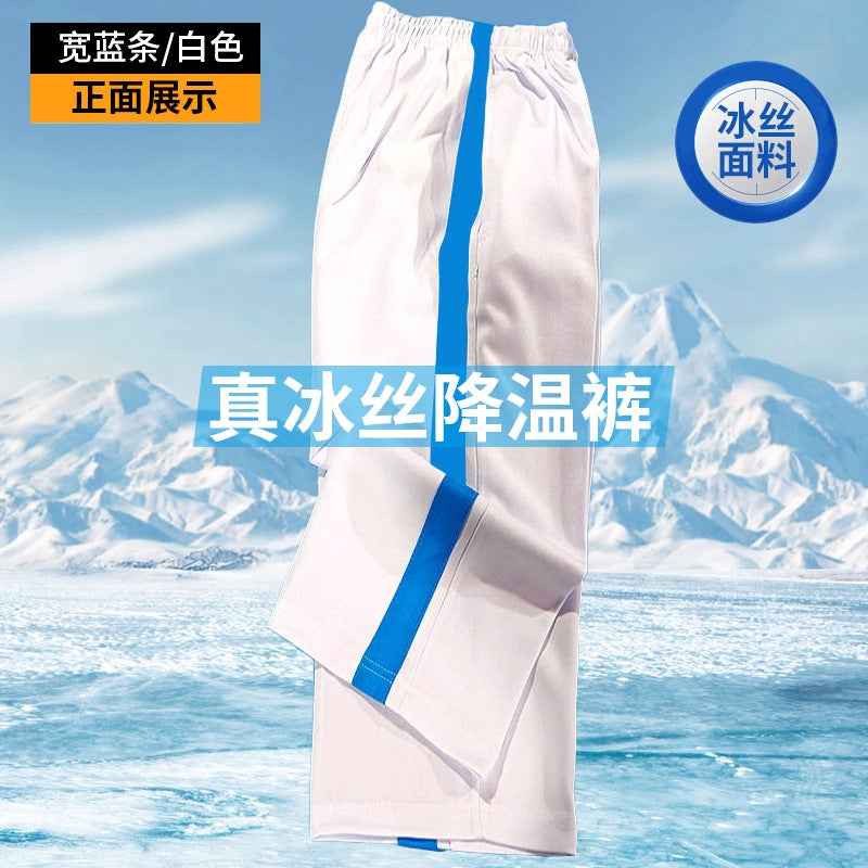 Summer Thin White Ice Silk Unisex Student Uniform Pants With Two Stripes And Three Stripes Blue Sports Pants - Image 5