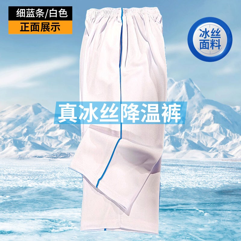 Summer Thin White Ice Silk Unisex Student Uniform Pants With Two Stripes And Three Stripes Blue Sports Pants - Image 1