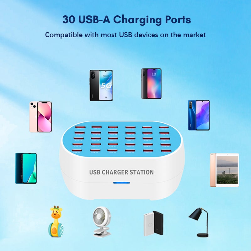 شاحن USB متعدد المنافذ - محطة شحن سطح المكتب USB ب30 منفذة مع محور توزيع الطاقة 32 أمبير / 160 واط، إخراج 5 فولت 1 أمبير-2.4 أمبير، مع التعرف الذكي، بديل لـ iPhone و iPad والهواتف الذكية والأجهزة اللوحية والأجهزة المتعددة - Image 4