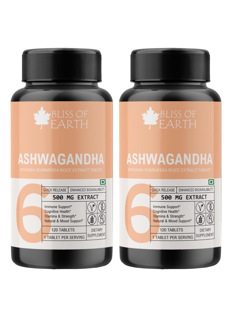 Bliss of Earth High Potency Ashwagandha Root Extract Tablets 500mg With Quick Release and Enhanced Bioavailability Stress Relief Memory Focus and Immune Support 120 Tablets pack of 2