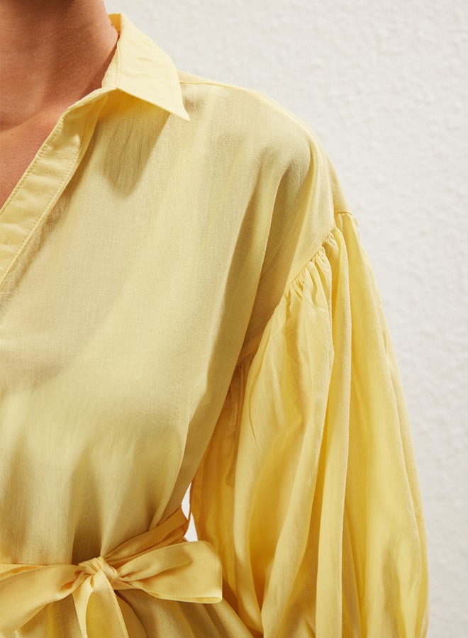 trendyol Yellow Mini Woven 100% Cotton Balloon Sleeve Beach Dress - Image 4