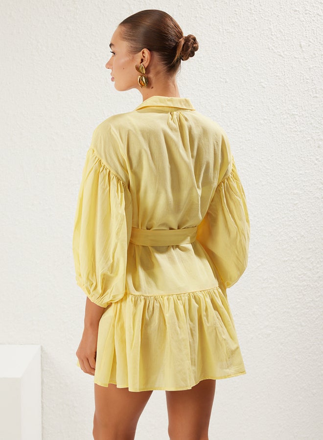 trendyol Yellow Mini Woven 100% Cotton Balloon Sleeve Beach Dress - Image 5