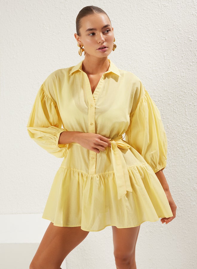 trendyol Yellow Mini Woven 100% Cotton Balloon Sleeve Beach Dress - Image 1