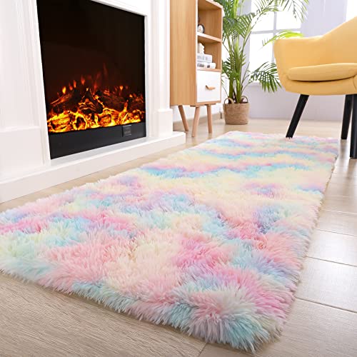 Noahas Fluffy Rainbow Rugs for Bedroom Girls,2x6 Shag Pink Kids Room Rug,Shaggy Area Rugs for Living Room,Soft Fuzzy Colorful Playroom Nursery Dorm Carpets Room Decor - Image 1