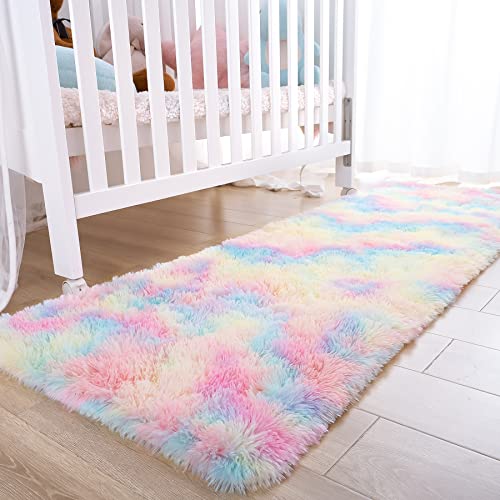 Noahas Fluffy Rainbow Rugs for Bedroom Girls,2x6 Shag Pink Kids Room Rug,Shaggy Area Rugs for Living Room,Soft Fuzzy Colorful Playroom Nursery Dorm Carpets Room Decor - Image 3