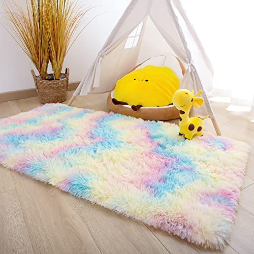 Noahas Fluffy Rainbow Rugs for Bedroom Girls,2x6 Shag Pink Kids Room Rug,Shaggy Area Rugs for Living Room,Soft Fuzzy Colorful Playroom Nursery Dorm Carpets Room Decor - Image 4