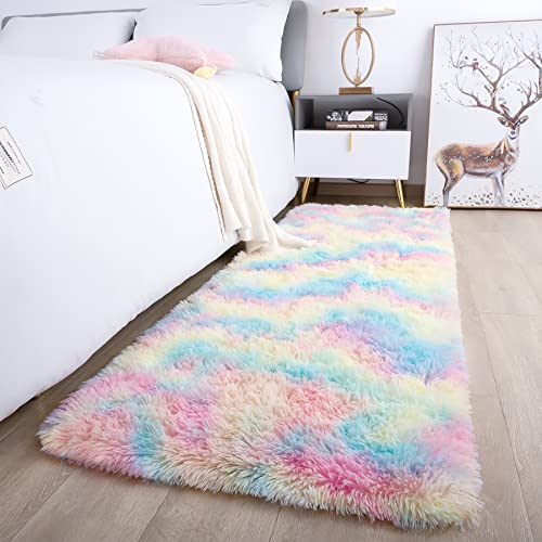 Noahas Fluffy Rainbow Rugs for Bedroom Girls,2x6 Shag Pink Kids Room Rug,Shaggy Area Rugs for Living Room,Soft Fuzzy Colorful Playroom Nursery Dorm Carpets Room Decor - Image 2