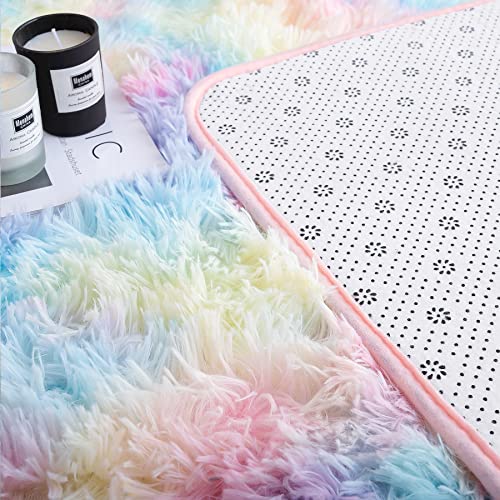 Noahas Fluffy Rainbow Rugs for Bedroom Girls,2x6 Shag Pink Kids Room Rug,Shaggy Area Rugs for Living Room,Soft Fuzzy Colorful Playroom Nursery Dorm Carpets Room Decor - Image 5