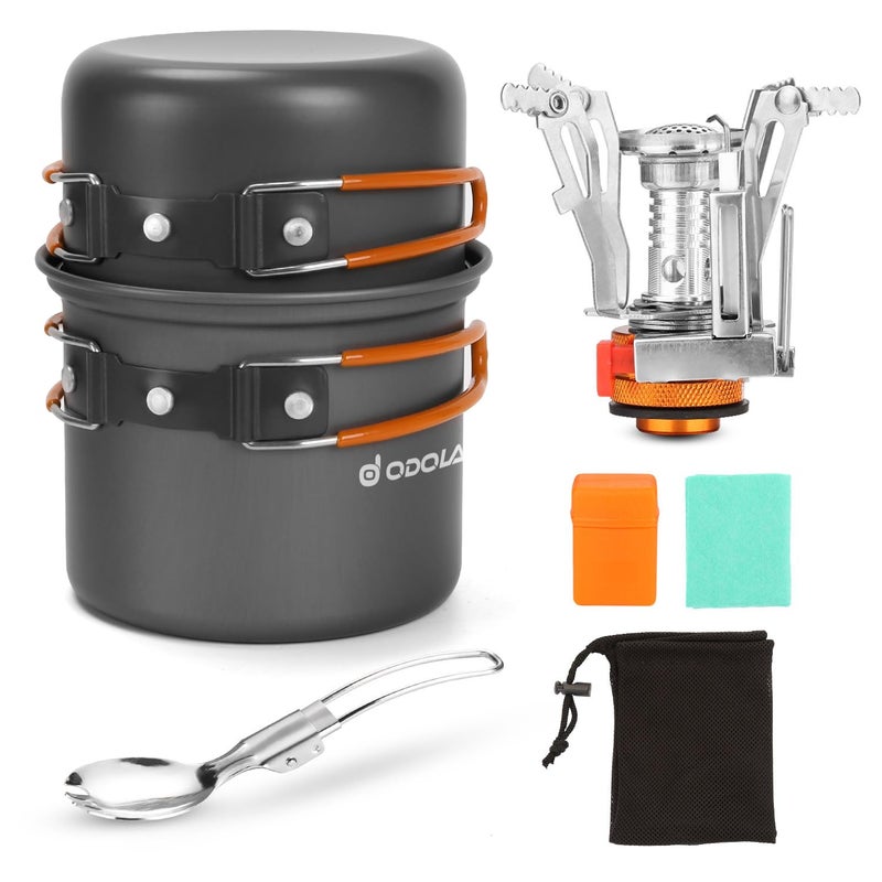 Odoland 6pcs Camping Cookware Mess Kit with Lightweight Pot, Stove, Spork and Carry Mesh Bag, Great for Backpacking Outdoor Camping Hiking and Picnic - Image 1