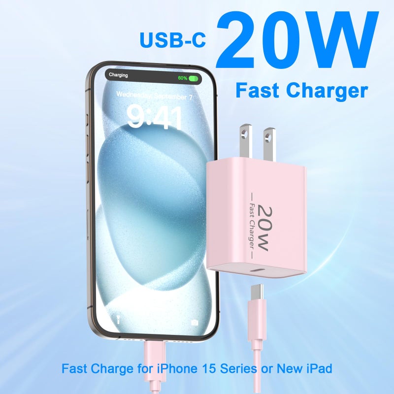 Smilebridge iPhone 17 16 Pro Charger Fast Charging, 20W USB C Fast Charger Block with 10FT Long USB C to C Charging Cable for iPhone 17/17 Pro/17 Pro Max/Air/16/16 Plus/16 Pro/16 Pro Max/15/15 Pro Max, Pink - Image 2