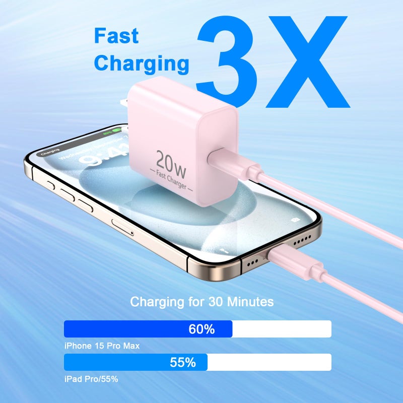 Smilebridge iPhone 17 16 Pro Charger Fast Charging, 20W USB C Fast Charger Block with 10FT Long USB C to C Charging Cable for iPhone 17/17 Pro/17 Pro Max/Air/16/16 Plus/16 Pro/16 Pro Max/15/15 Pro Max, Pink - Image 3