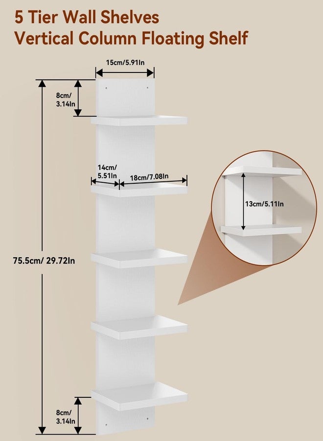 IBUYKE 5 Tier Wall Shelf Unit,White Vertical Shelf,Floating Storage Wall Shelf,Organizer Tall Tower Design Decorative Wall Mount Shelving for Home, Bedroom,Living Room,Office Decor WBC009W - Image 2
