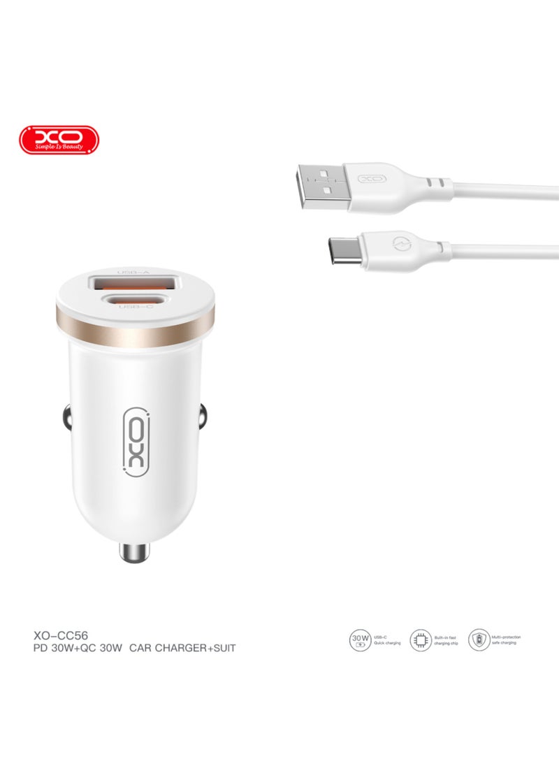 CC56 mini car charger A+C single port 30W with Type C cable