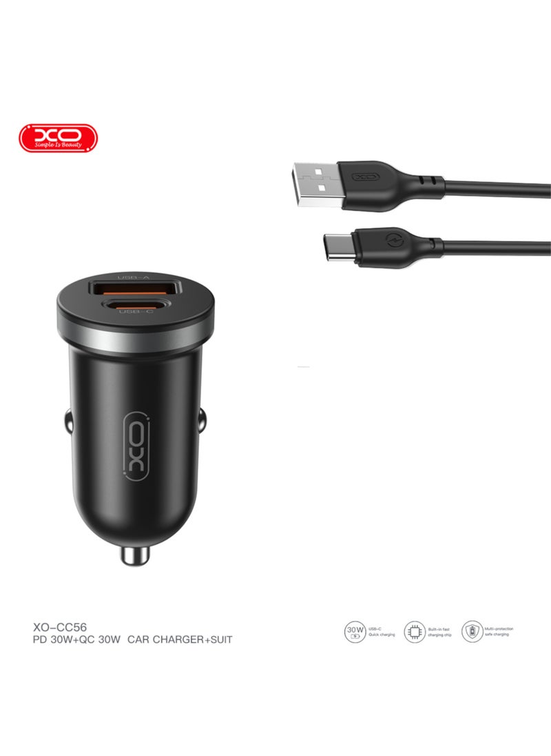 CC56 mini car charger A+C single port 30W with Type C cable