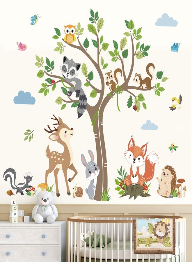 decalmile Woodland Animals Tree Wall Decals Forest Animals Deer Fox Rabbit Racoon Wall Stickers Living Room Baby Nursery Kids Room Wall Decor - Image 1
