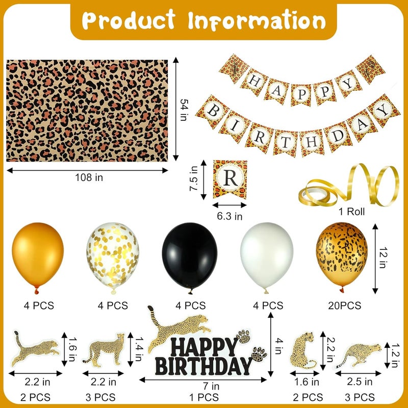 Civaner 51 Pieces Cheetah Birthday Decorations Including Cheetah Birthday Banner Theme Balloons Leopard Cake Topper Safari Animal Print Tablecloth and Ribbon for Baby Shower Party SuppliesYellow - Image 2