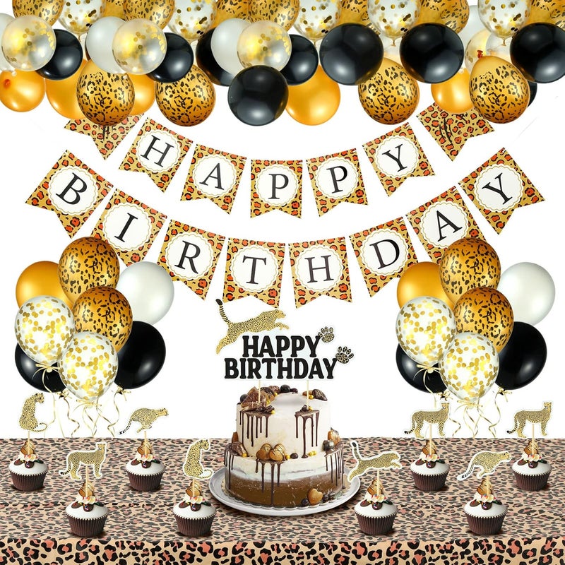 Civaner 51 Pieces Cheetah Birthday Decorations Including Cheetah Birthday Banner Theme Balloons Leopard Cake Topper Safari Animal Print Tablecloth and Ribbon for Baby Shower Party SuppliesYellow - Image 1