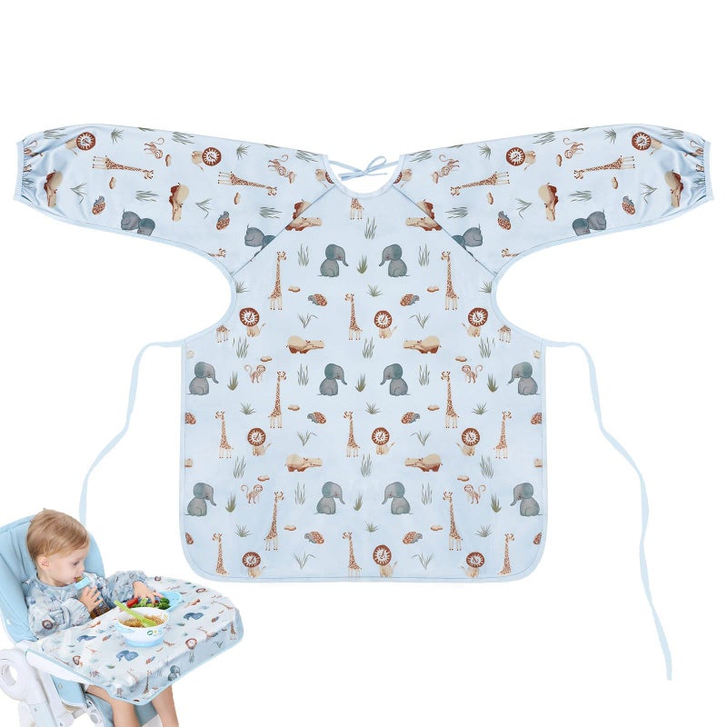 Vicloon Coverall Baby Feeding Bib, Weaning Bib Attaches to Highchair and Table, Long Sleeves Bib with Waterproof, Comfortable,Machine Washable, Baby Bib For 6 Month to 3 Years Old (Blue) - Image 1