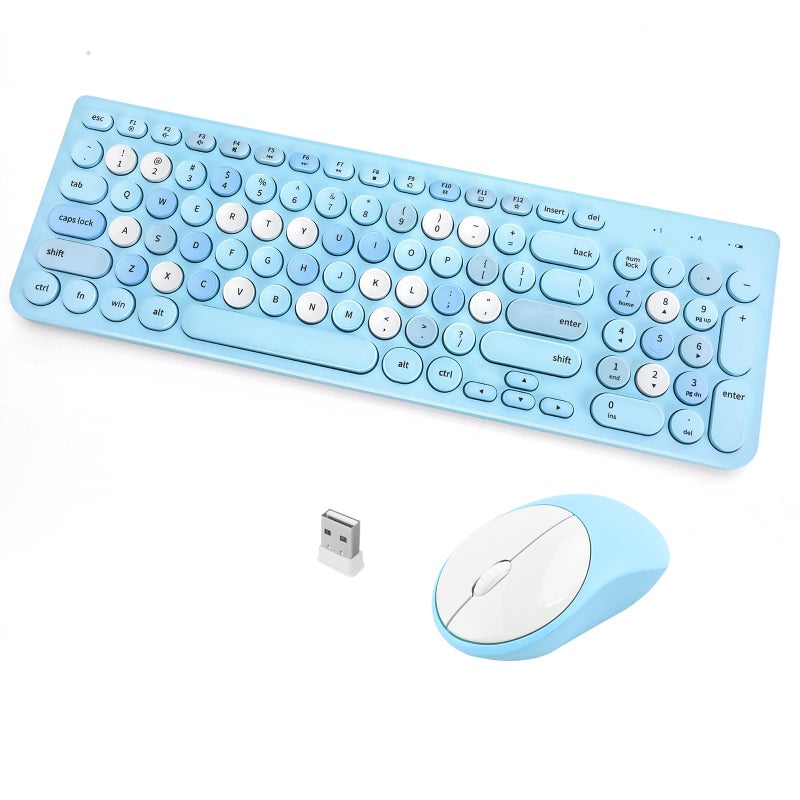 GUKJOB Wireless Keyboard and Mouse Combo, Retro Typewriter Keyboard with Round Keycaps, 2.4GHz USB Cute Wireless Keyboard Mouse for Computer, Desktop, Laptop (Blue Colorful) - Image 1