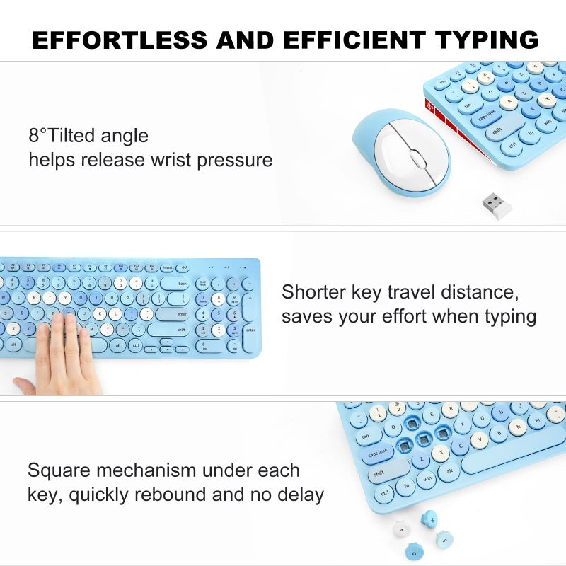 GUKJOB Wireless Keyboard and Mouse Combo, Retro Typewriter Keyboard with Round Keycaps, 2.4GHz USB Cute Wireless Keyboard Mouse for Computer, Desktop, Laptop (Blue Colorful) - Image 4