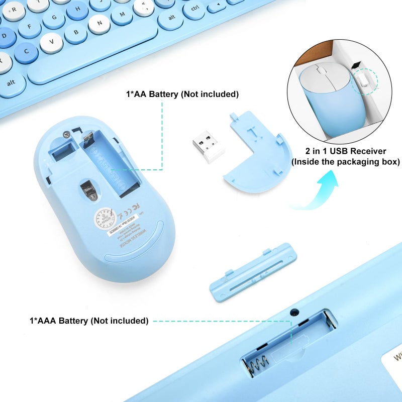 GUKJOB Wireless Keyboard and Mouse Combo, Retro Typewriter Keyboard with Round Keycaps, 2.4GHz USB Cute Wireless Keyboard Mouse for Computer, Desktop, Laptop (Blue Colorful) - Image 5