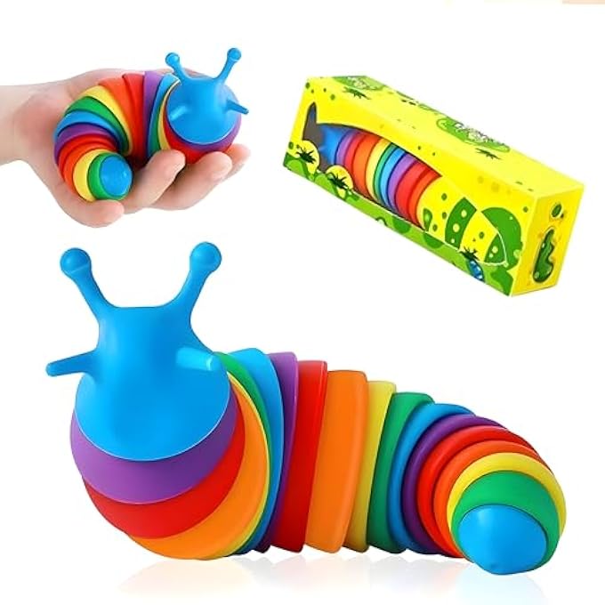 COOLCOLD Toys for Kids | Slug Fidget, Kids Toys for 2 - 5 Years | Stress Relief Sensory Clicky Sound Making | Flexible Stretchable Joints Caterpiller Toy for Anxiety,(19CM, Rainbow) - Image 1