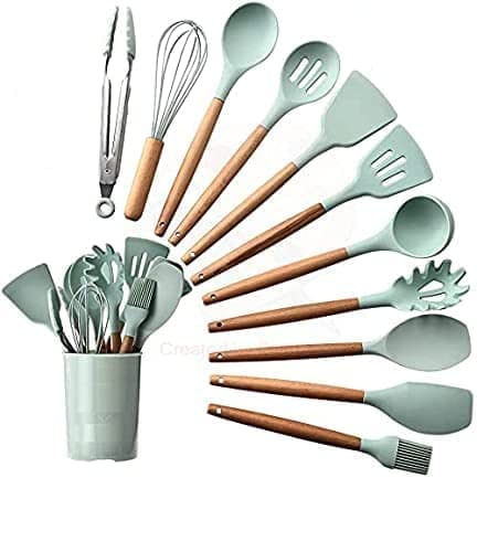 JET ROY Kitchen Utensils Spoon Spatula CookingBaking Set 11 Pcs NonStick with Wooden HandleBPA FreeHeat Resistant ItemFlexible Non Toxic Silicon Cookware Tools with Holder Multicolor - Image 1