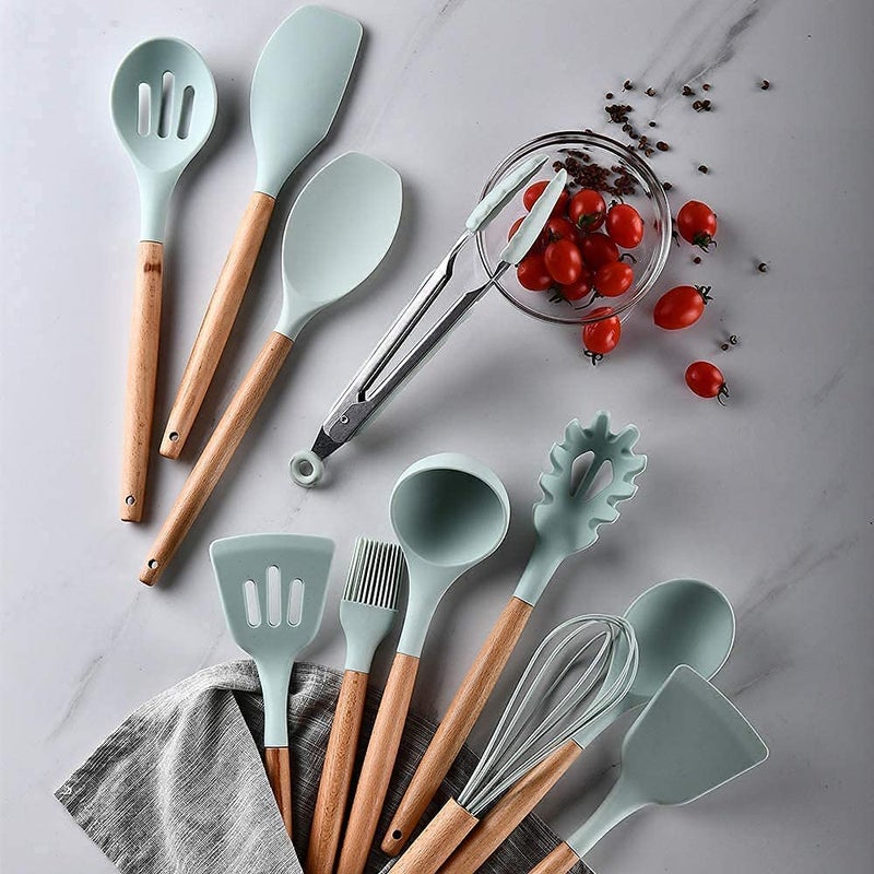 JET ROY Kitchen Utensils Spoon Spatula CookingBaking Set 11 Pcs NonStick with Wooden HandleBPA FreeHeat Resistant ItemFlexible Non Toxic Silicon Cookware Tools with Holder Multicolor - Image 3