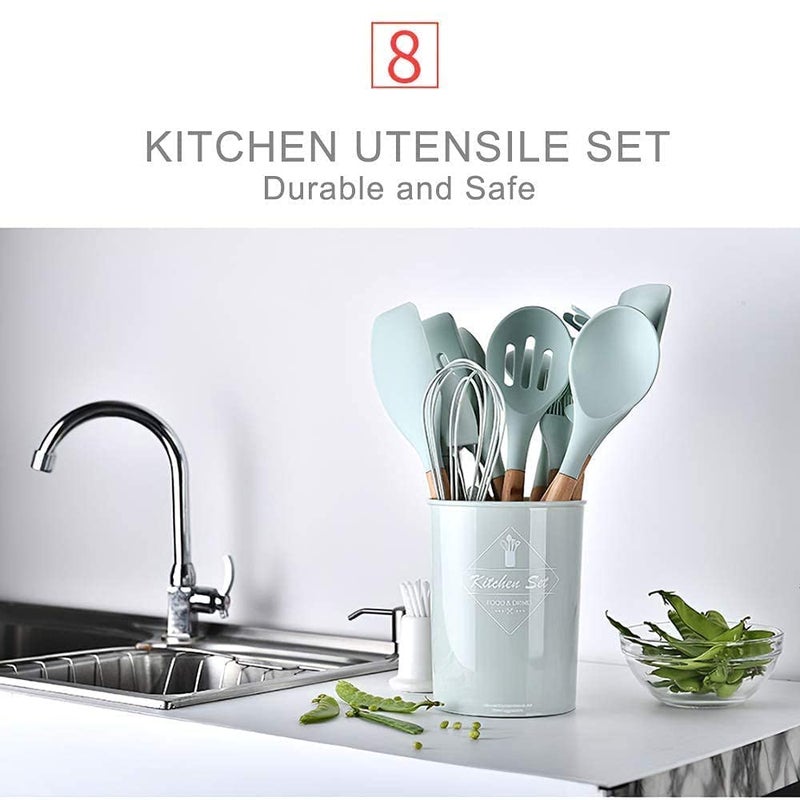 JET ROY Kitchen Utensils Spoon Spatula CookingBaking Set 11 Pcs NonStick with Wooden HandleBPA FreeHeat Resistant ItemFlexible Non Toxic Silicon Cookware Tools with Holder Multicolor - Image 5