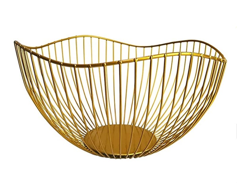 NatureMan Kitchen counter fruit bowl Large fruit basket bowl Metal wavy storage basket Kitchen vegetable and fruit bowl used to hold fruits vegetables and bread gold
