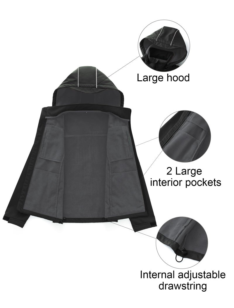 CREATMO US Men's Tactical Jacket Water-Resistant Softshell Hiking Detachable Hoodie Fleece Jacket Black XL - Image 3